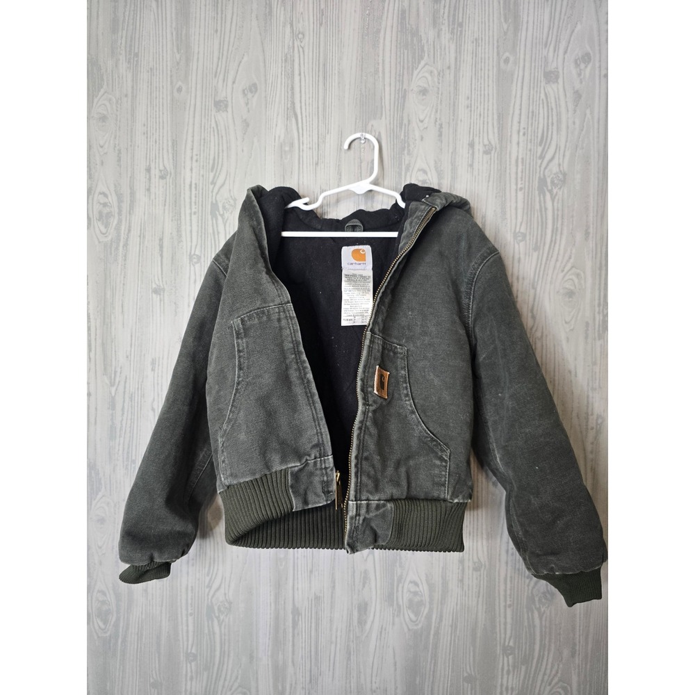 Carhartt Active Jacket Kids S 6/7 Hooded Duck Canvas Fleece Lined Moss Green